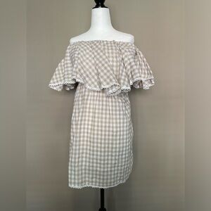 Wild Mantra The Label Off the Shoulder Tan & White Gingham Pattern Dress Size 8